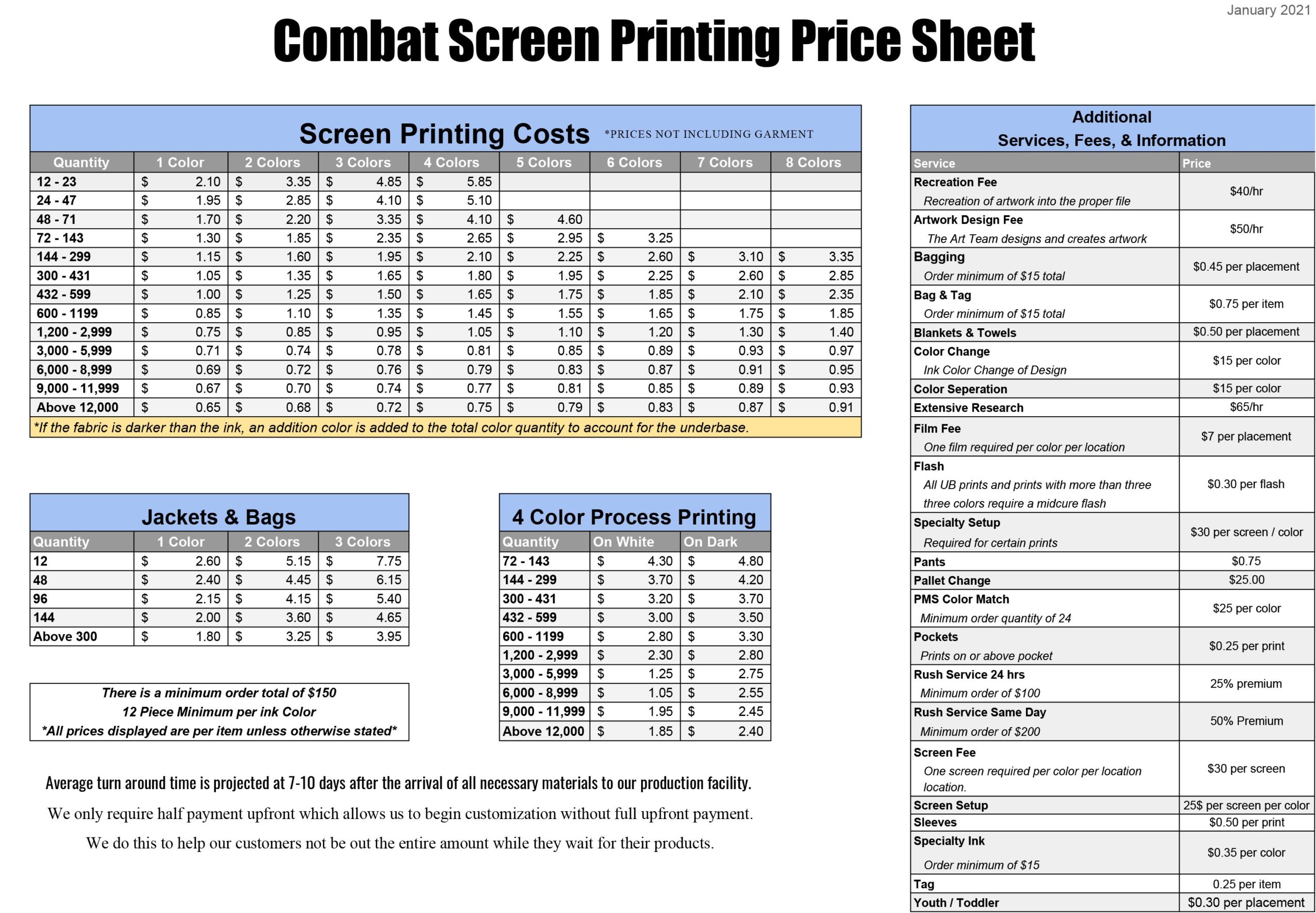 Screen Print Cost Sheet